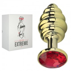 Grooved Rosebud Gold Buttplug Red Crystal - Small